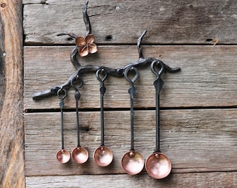 Hand Forged Copper & Steel Spoon Set | Blacksmith Measuring Spoons, Cherry Blossom Design, Farmhouse Kitchen Utensils