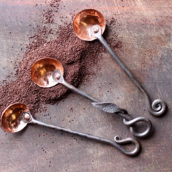 Coffee Scoop Blacksmith Forged Copper and Steel 1 Tablespoon Handmade