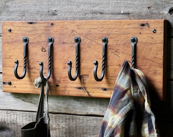 Reclaimed Wood Coat Rack - Twisted Hooks | Hand Forged Blacksmith Wall Hooks, Handmade Rustic Coat Hangers, Hat Rack