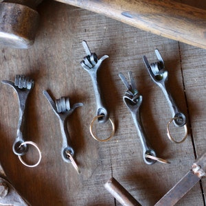 Blacksmith Forged Hand Gesture Keychain: Peace, Hang 10, Rock-on