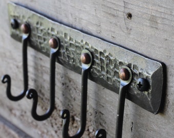 Webbed Texture Hook Rack | Hand Forged Blacksmith Key Rack, Rustic Wall Hooks, Leash Hanger, Coat Rack, Key Holders