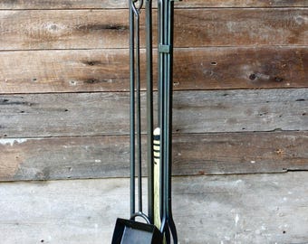 Hand Forged Fireplace Tool Set with Stand | Wrought Iron Blacksmith | Poker, Tongs, Shovel & Broom
