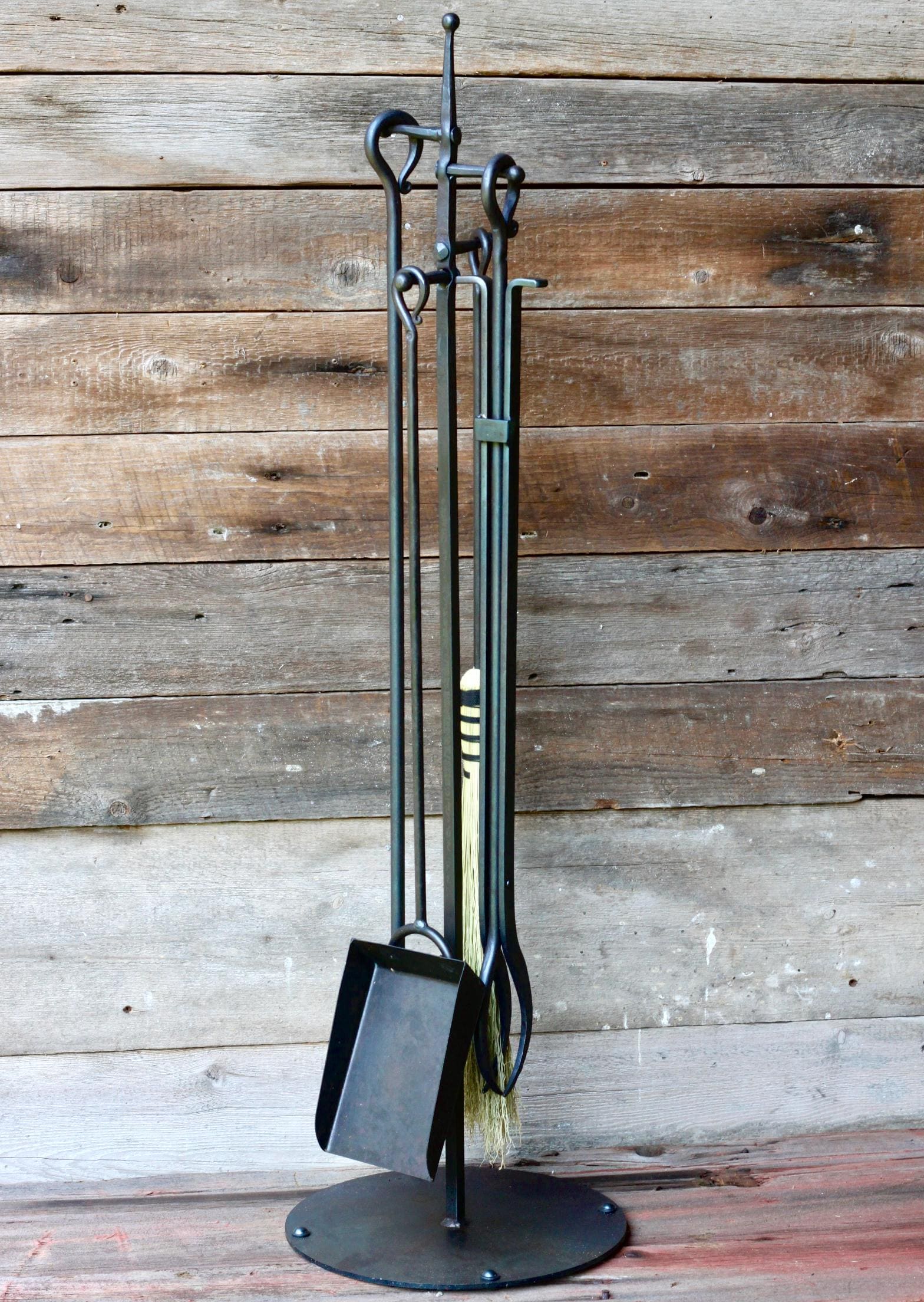 Hand Forged Fireplace Tool Set with Stand Wrought Iron Blacksmith Poker, Tongs, Shovel & Broom