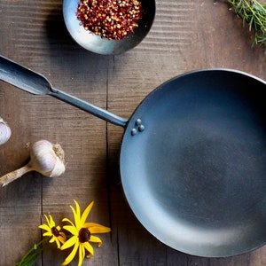 Hand Forged Carbon Steel Frying Pan: 9&quot; Camp Skillet, Chef Gift