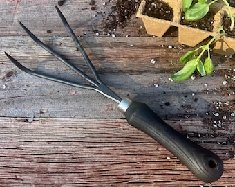 Hand Forged Steel Garden Rake: Black Wood Handle, Gardening Tool