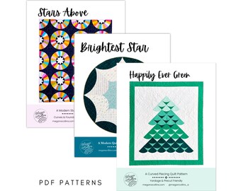 PDF Holiday Quilt Pattern Downloads, Happily Ever Green, Brightest Star, Stars Above Pattern, Star Quilt, Curved Piecing, Tree Skirt Pattern