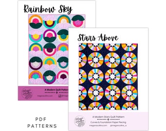 Könnte beinhalten: Zwei PDF-Quiltmuster mit den Titeln "Rainbow Sky" und "Stars Above". Das Muster "Rainbow Sky" zeigt farbenfrohe Halbkreise auf hellem Hintergrund. Das Muster "Stars Above" zeigt Sternmuster auf dunkelblauem Hintergrund. Die Muster sind von Megan Collins.