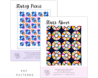 PDF Starry Night Quilt Pattern Downloads, Starry Picnic, Stars Above Quilt, Curves Quilt, Modern Traditional Star Quilt, Fat Quarter Pattern