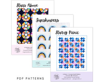 PDF Quilt Pattern Favorites, Starry Picnic, Sunshowers, Stars Above Pattern Downloads, Curves Quilt, Star Quilt Pattern, Beginner FPP