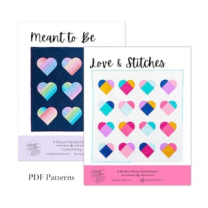 May include: Two PDF quilt patterns, "Meant to Be" and "Love & Stitches". Both patterns feature hearts in a variety of colours and designs. The "Meant to Be" pattern is a precut friendly pattern with curved piecing. The "Love & Stitches" pattern is a modern hearts quilt pattern.