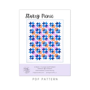 PDF Starry Picnic Quilt Pattern Download, Star Quilt, Curved Piecing, Sewing Curves, Modern Traditional Quilt Pattern, Baby, Throw, Bed Size