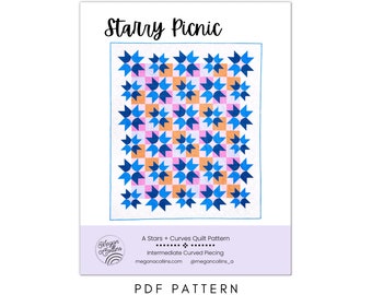 PDF Starry Picnic Quilt Pattern Download, Star Quilt, Curved Piecing, Sewing Curves, Modern Traditional Quilt Pattern, Baby, Throw, Bed Size