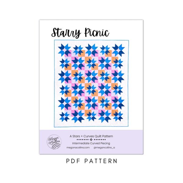 PDF Starry Picnic Quilt Pattern Download, Star Quilt, Curved Piecing, Sewing Curves, Modern Traditional Quilt Pattern, Baby, Throw, Bed Size