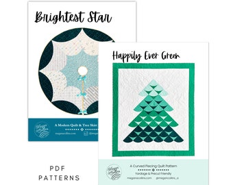 PDF Holiday Quilts Pattern Download, Happily Ever Green Quilt, Brightest Star Tree Skirt Pattern, Sewing Curves, Star Quilt, Evergreen Tree