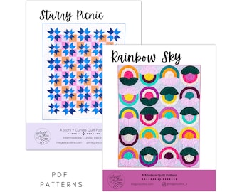 PDF Rainbows and Stars Quilt Pattern Downloads, Rainbow Sky Quilt, Starry Picnic, Curves Quilt, Modern Quilts, Fat Quarter Pattern