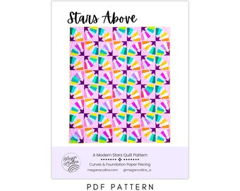 PDF Stars Above Quilt Pattern Download, Modern Star Quilt, Curve Piecing Pattern, Beginner Foundation Paper Piecing, Star Quilt, FPP