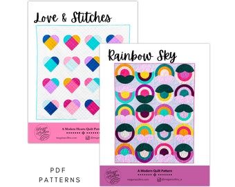 PDF Rainbow Sky, Love and Stitches Quilt Pattern Download, Rainbow Quilt, Modern Heart Pattern, Fat Quarter Quilt Pattern, Curves Quilt