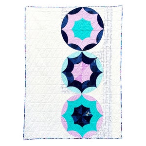 Puede incluir: Una colcha blanca con tres c&iacute;rculos conc&eacute;ntricos en tonos rosa, turquesa y azul marino. Los c&iacute;rculos tienen un patr&oacute;n de estrella con fondo blanco.