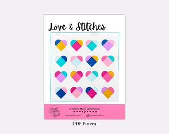 PDF Love and Stitches Quilt Pattern Download, Modern Heart Quilt, Fat Quarter Quilt Pattern, Curves Quilt, Baby, Throw, Twin, Queen, King