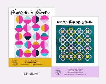 PDF Flower Quilt Pattern Downloads, Blossom and Bloom, Where Flowers Bloom, Curves Quilt, Modern Quilt, Fat Quarter Quilt Pattern