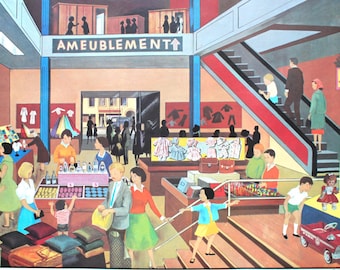 Very large and gorgeous - Vintage french school poster . 1960's MAP - The department store - The Bathroom