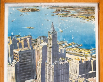 Vintage French school poster ROSSIGNOL. Double sided .1950's. Original. A camp of nomadic pastoralists - A district skyscrapers