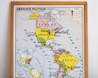 Map GEOGRAPHY - Vintage - Large stunning French School Poster - double-sided  - AMERICA Policy - AMERICA Physics