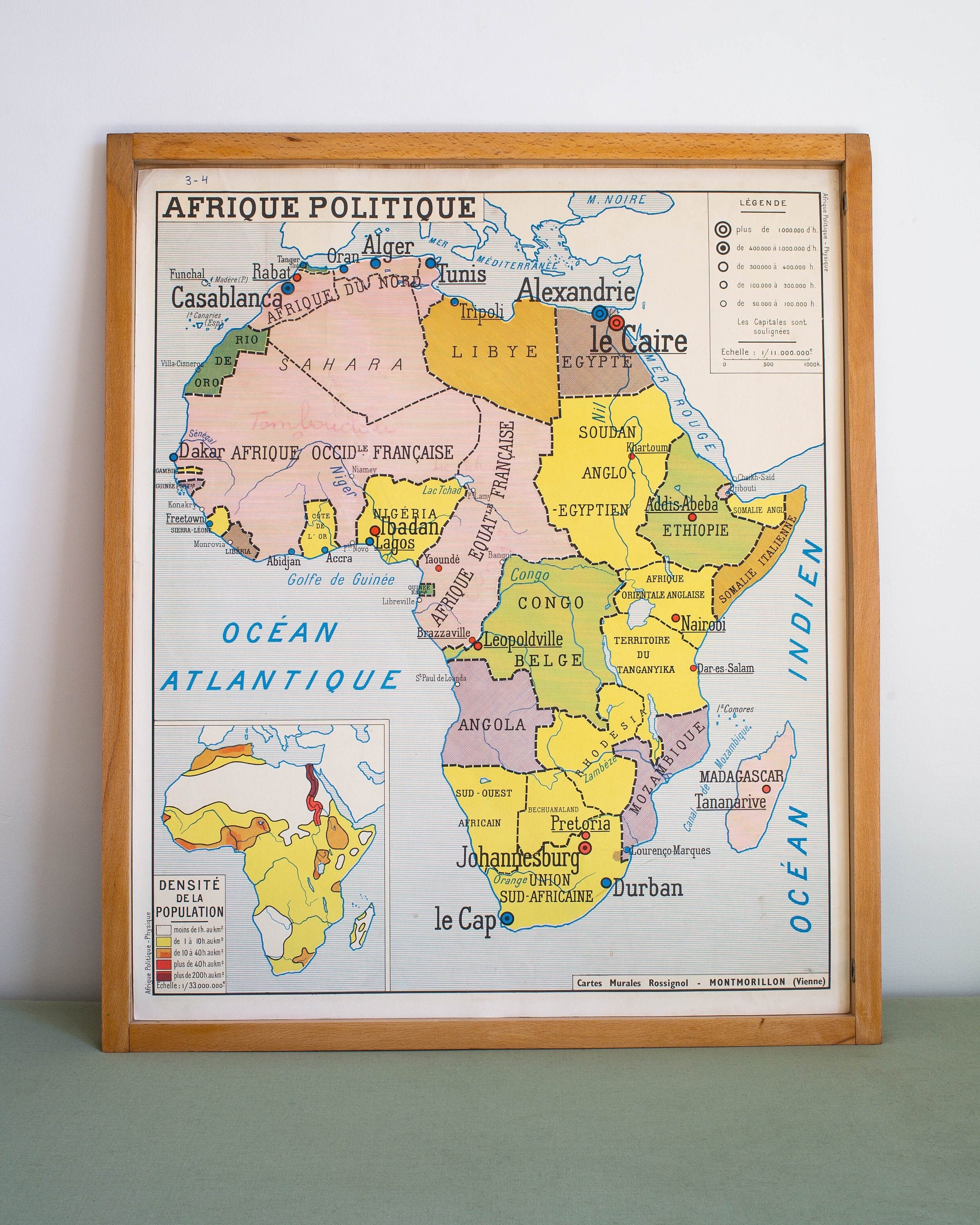 Carte de Géographie - Vintage Affiche Scolaire Double Face Des Années 1950-60. Afrique Politique Phy