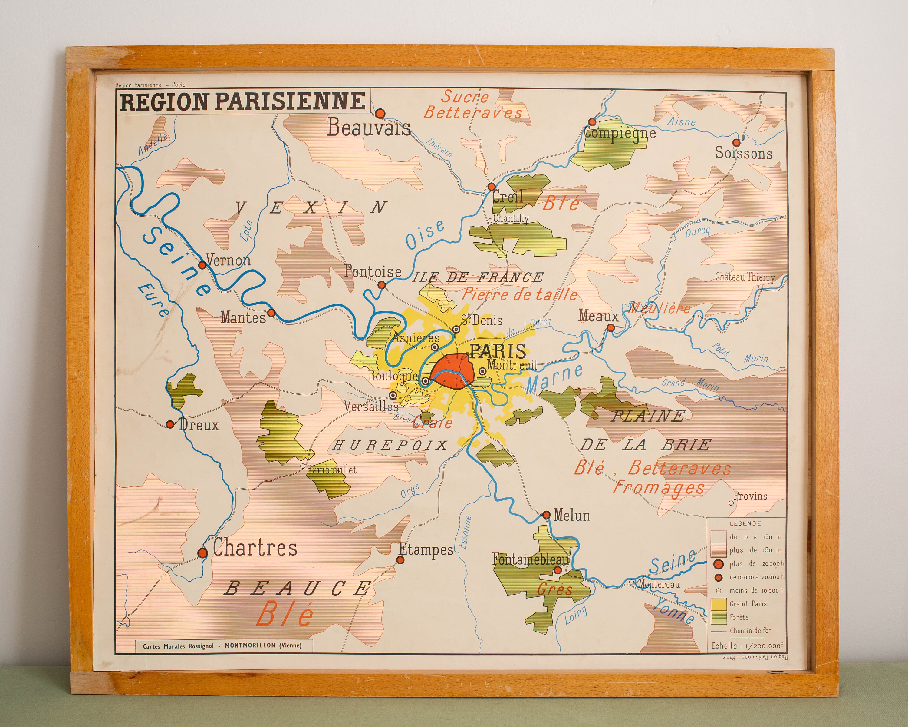 Carte de Géographie - Vintage Affiche Scolaire Double Face Des Années 1950-60. Paris Région Parisien