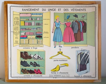 Vintage - Large stunning French School Poster - double-sided - Storage of Clothes - Food rations