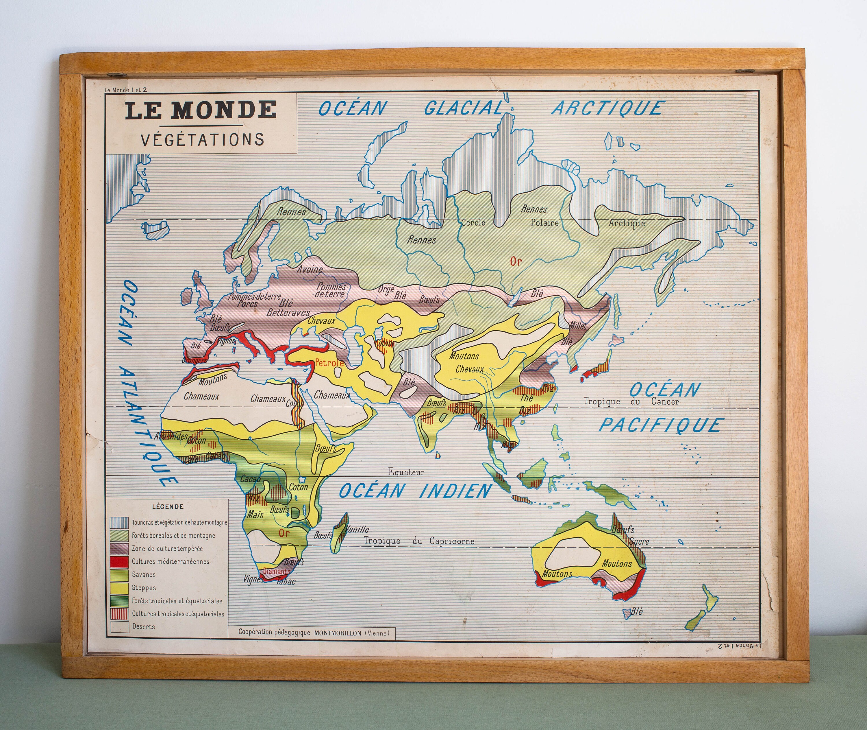 Le Monde - Carte de Géographie Vintage Affiche Scolaire Double Face Des Années 60.