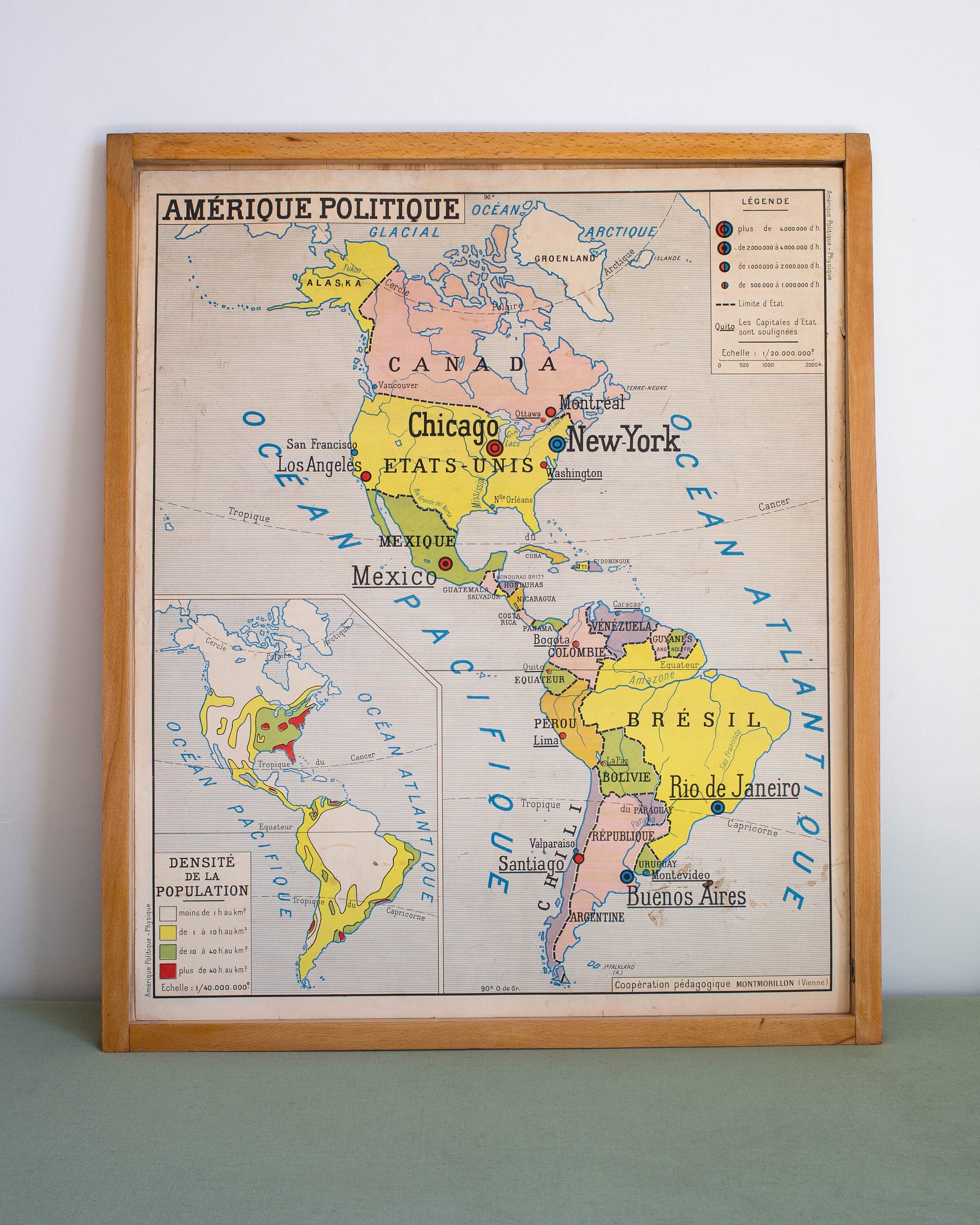 Carte de Géographie - Vintage Affiche Scolaire Des Années 50. Amérique Politique Physique Double Fac