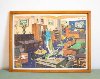 Vintage French school poster. Double sided .1950's. Original.  Birds, the nest/ The furniture store