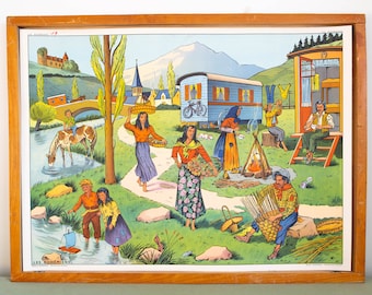 Vintage French school poster. Double sided .1950's. Original. On holiday in the seaside - Gypsies