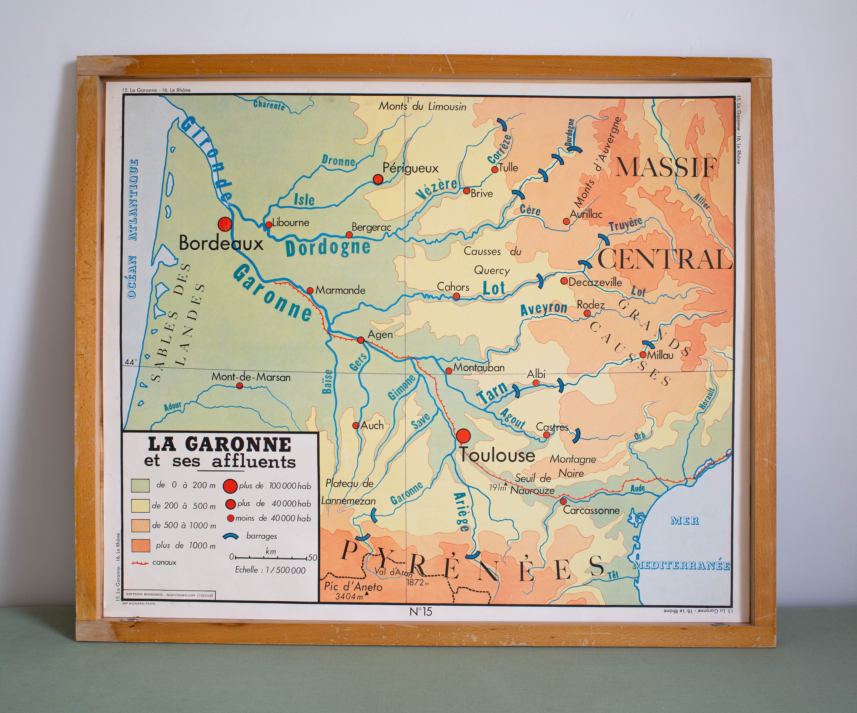 France - La Garonne Le Rhône Carte de Géographie Vintage Affiche Scolaire Double Face Des Années 60.