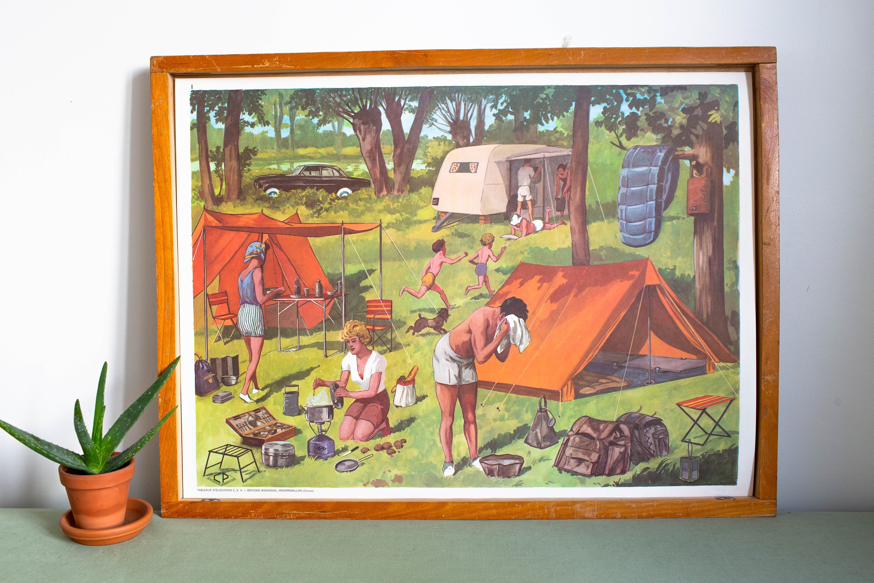 Vintage - Affiche Scolaire Double Face Des Années 1950-60 École Française Le Camping, La Chasse