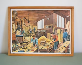 At the Carpenter - At the fish merchant - Vintage French school poster. Double sided .1950's. Original