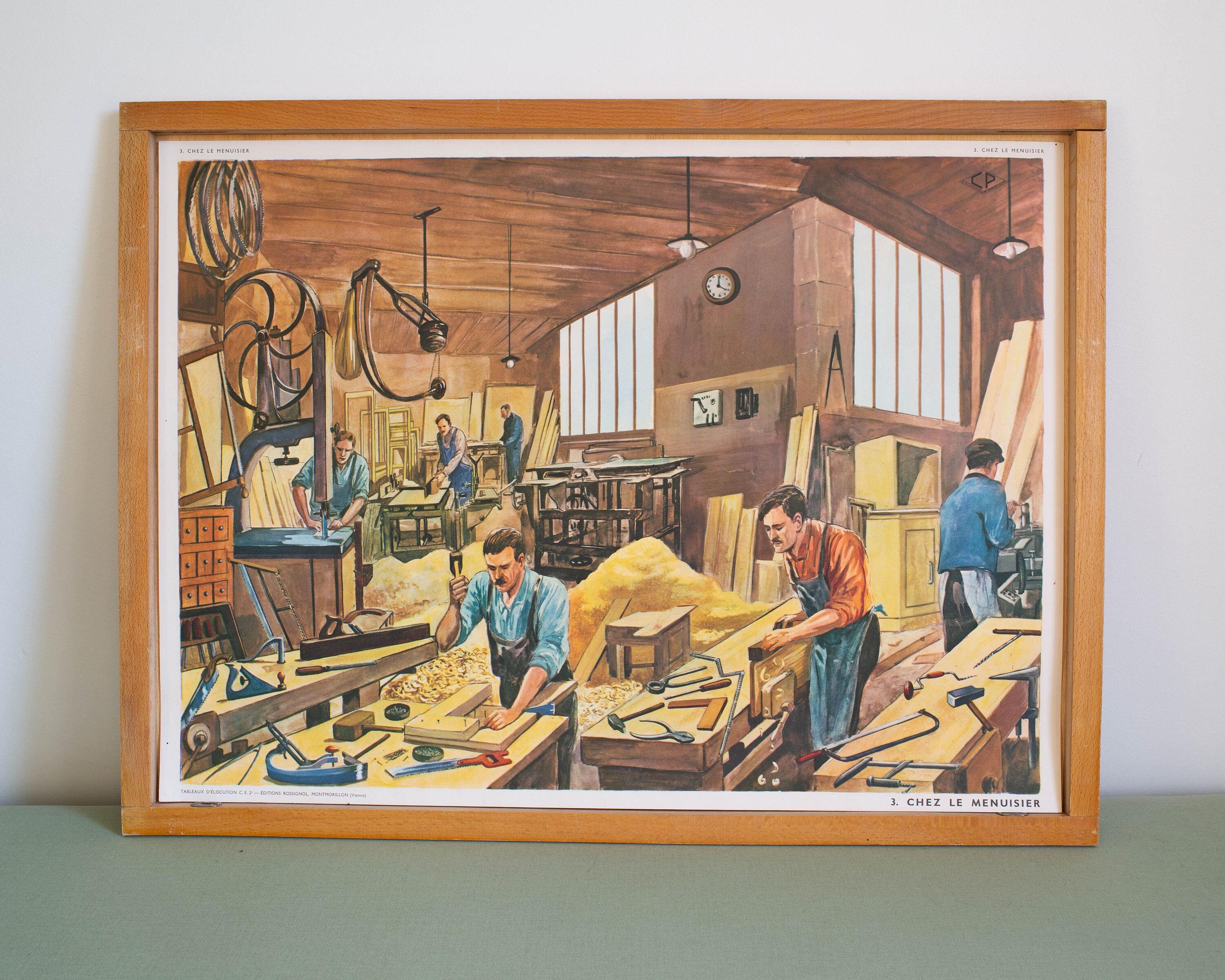 Vintage - Affiche Scolaire Double Face Des Années 1950 École Française Chez Le Menuisier La Marchand