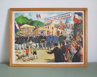 Vintage French school poster. Double sided .1950's. Original. The Festival Village, Memorial Parade – Pharmacy