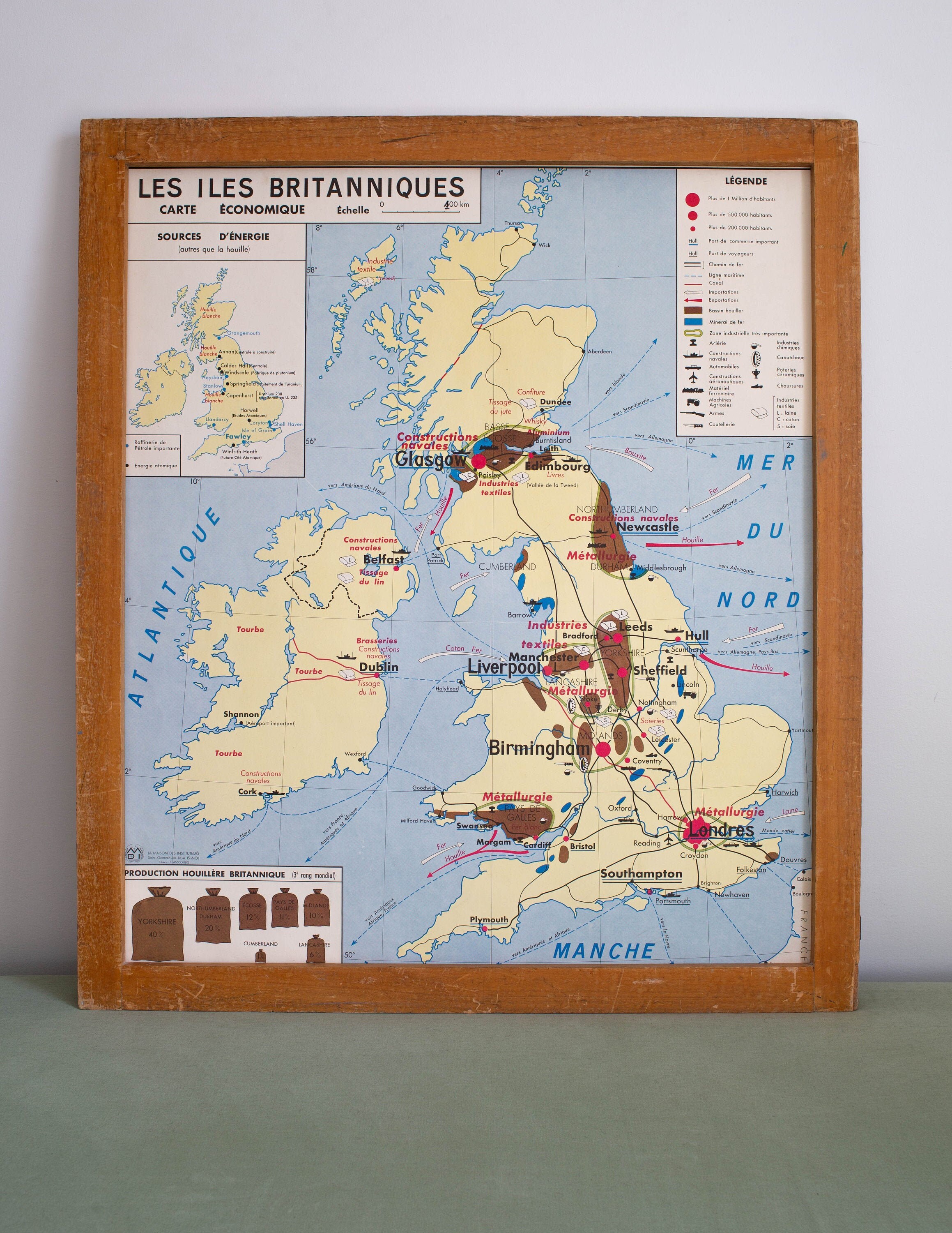 Les Iles Britanniques - Les États-Unis d'amérique Grande Carte de Géographie Vintage Affiche Scolair
