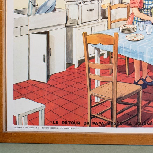Father’s return shops from work - Mother’s work in the morning - Vintage French school poster. Double sided .1950's. Original