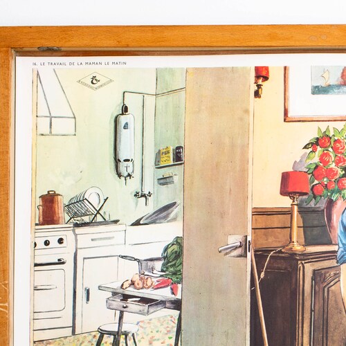 Father’s return shops from work - Mother’s work in the morning - Vintage French school poster. Double sided .1950's. Original