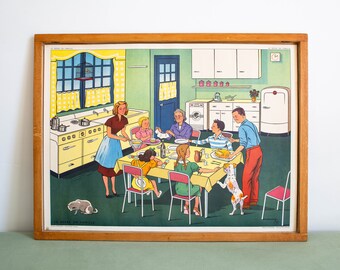 Vintage French school poster. Double sided .1950's. Original. The family meal - The disease