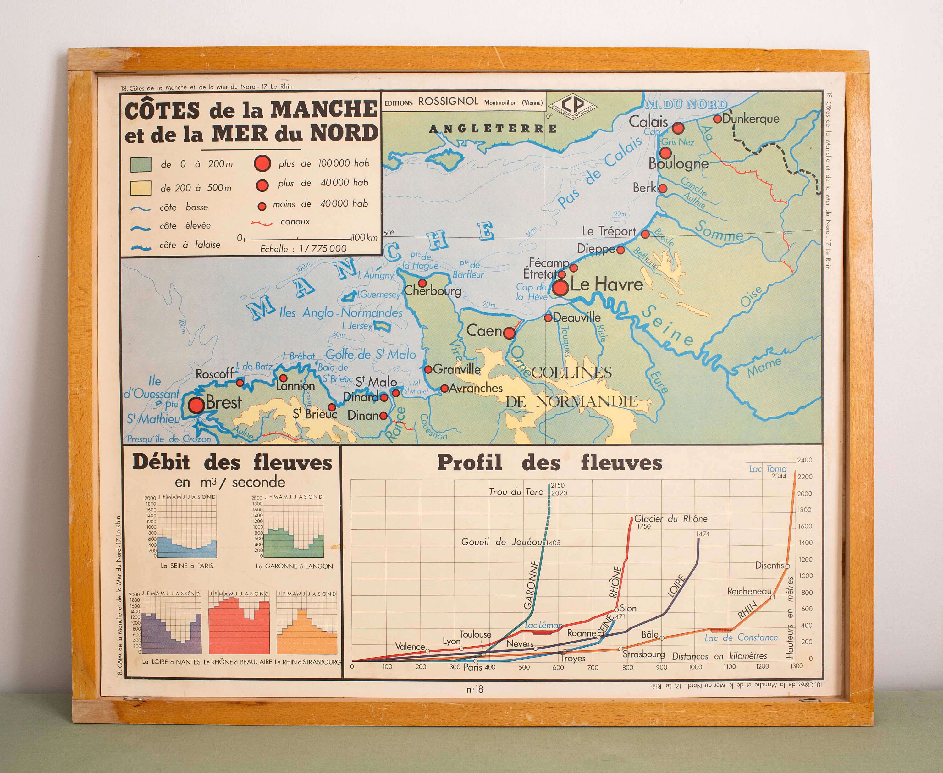 Carte de Géographie - Vintage Affiche Scolaire Double Face Des Années 60. Le Rhin Les Côtes La Manch