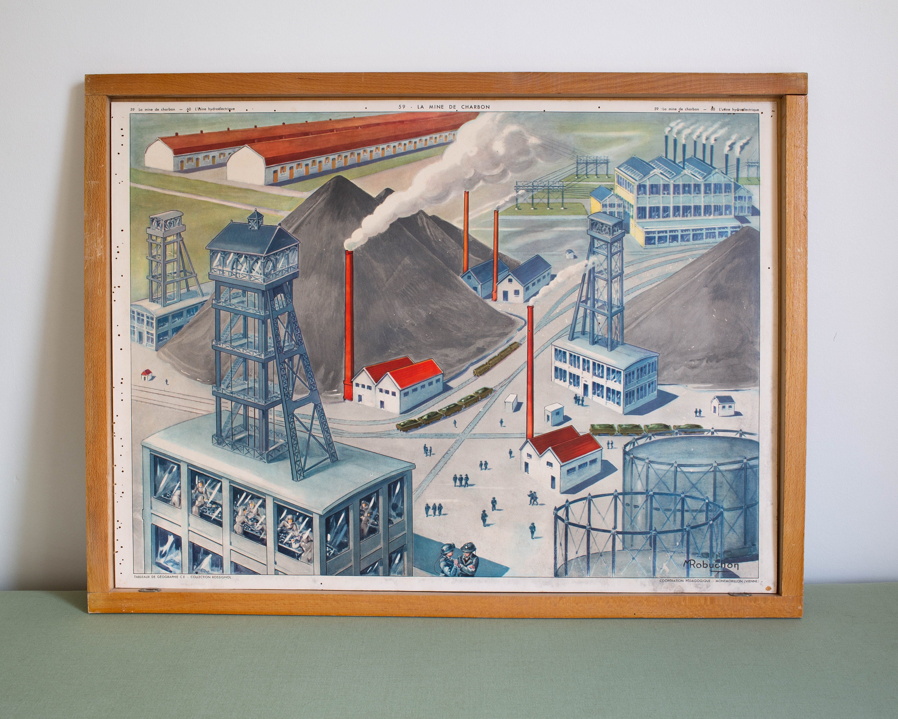 Vintage - Affiche Scolaire Double Face Des Années 1950 École Française La Mine de Charbon L'usine Hy