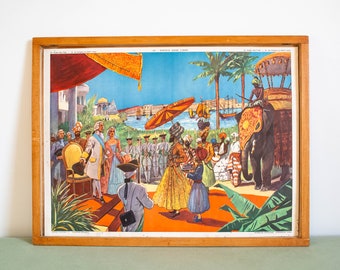 Vintage French school poster ROSSIGNOL. Double sided .1950's. Original. Dupleix in India / Transportation in the eighteenth century