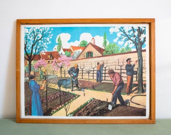Vintage French school poster. Double sided .1950's. Original.  Milking cows - The garden in spring