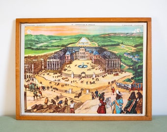 Vintage French school poster ROSSIGNOL. Double sided .1950's. Original. Construction of Versailles / Louis XIV and his court