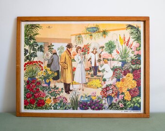 Vintage French school poster. Double sided .1950's. Original. At the florist - The Christmas tree