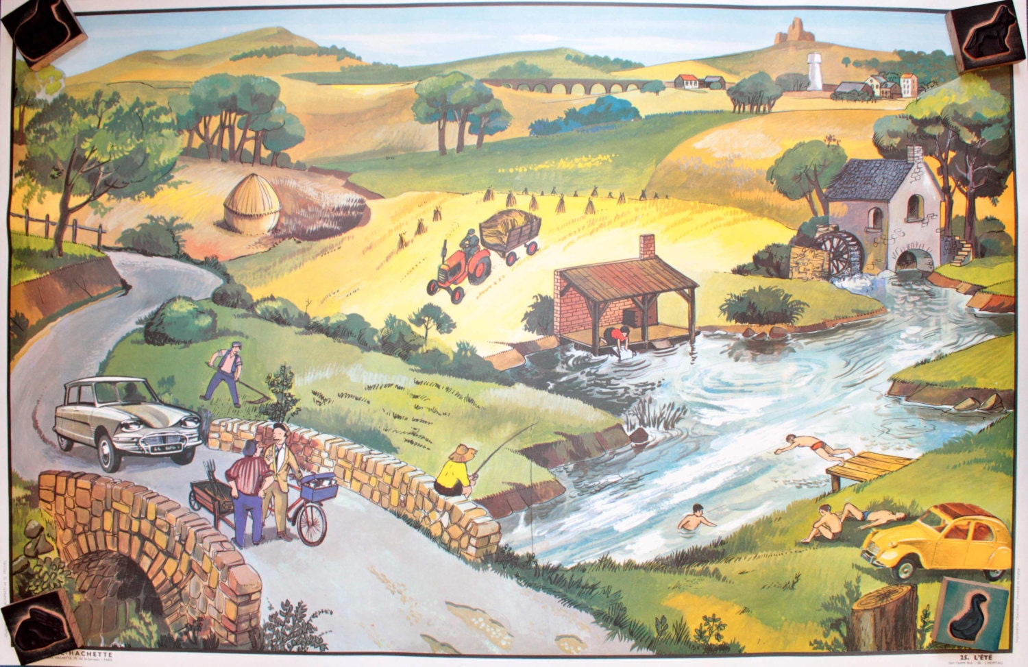 Vintage - Affiche Scolaire Double Face Des Années 1960 École Française L'été L'hôpital